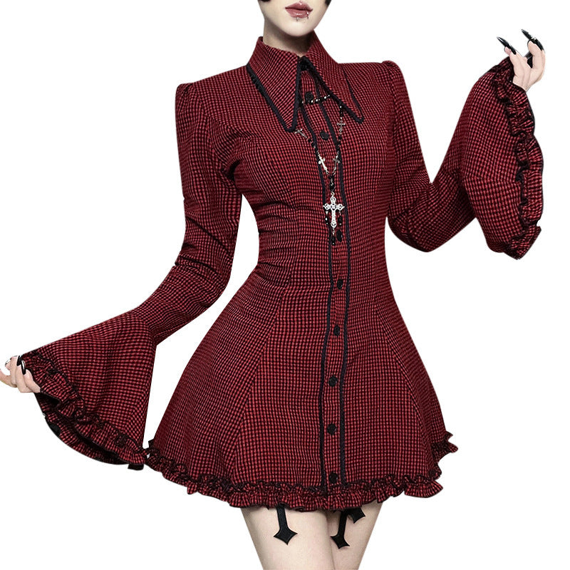 Ladies chic mini dress with ruffled sleeves and decorative collar Lune London