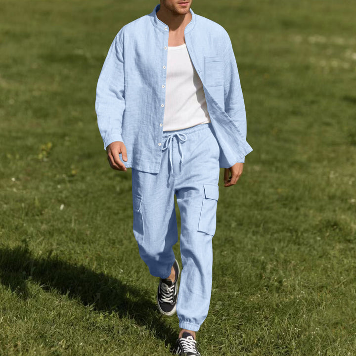 Men's Casual Linen Set with Button-Up Shirt and Cargo Pants Lisslune
