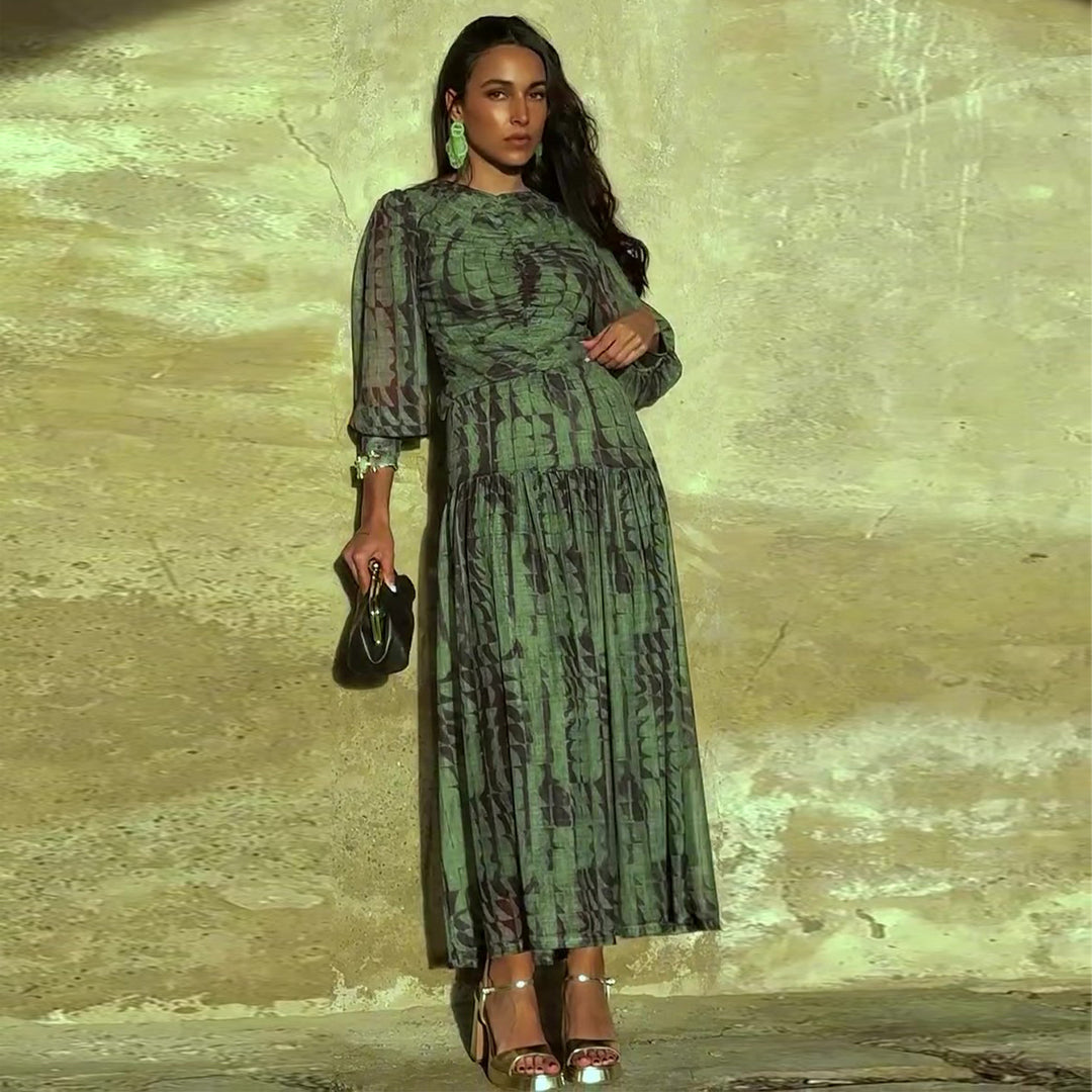 Ladies midi dress with sophisticated pleats and V-neck