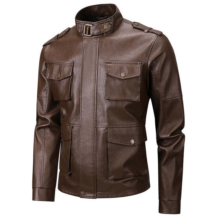 Men's synthetic leather jacket with practical pockets and modern stand-up collar Lisslune