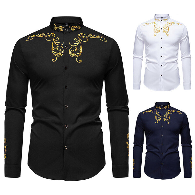 Men's Long Sleeve Shirt with Elegant Embroidery Design Lisslune