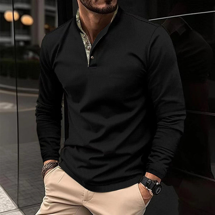 Men's long-sleeve shirt with fashionable stand-up collar and unique check pattern Lisslune