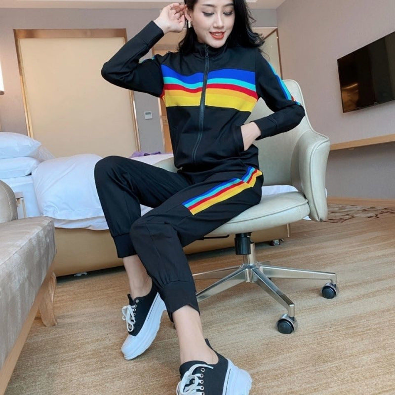 Women's sporty leisure set with high collar and colorful stripes Lisslune