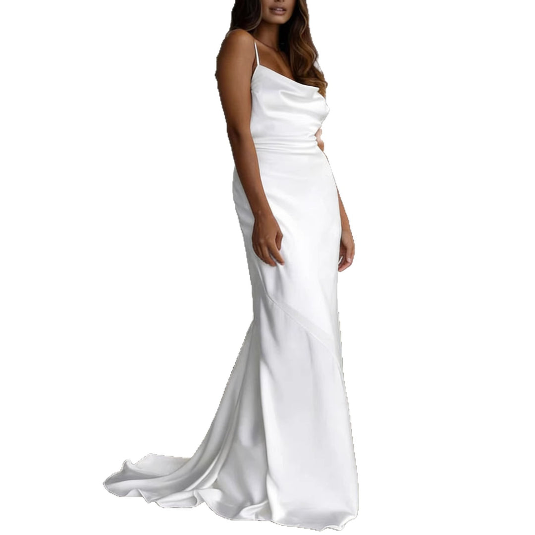 Ladies Elegant Satin Wedding Dress with Deep V-Neck and Thin Spaghetti Straps