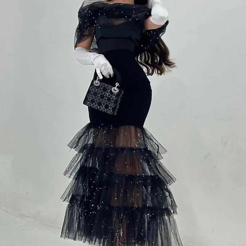Women's Elegant Evening Dress with Shimmering Tulle Layers and Transparent Shoulder Partie