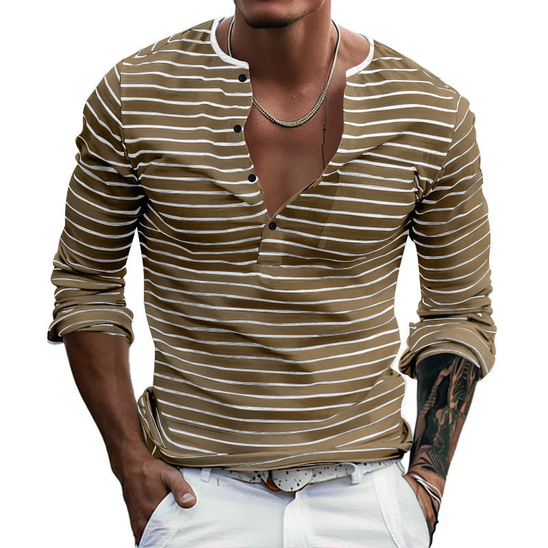 Men's Casual Long Sleeve Shirt with Subtle Stripe Pattern and Button Placket Lisslune
