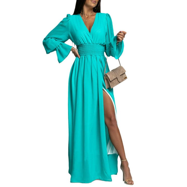Women's maxi dress with deep V-neckline and voluminous sleeves Lune London