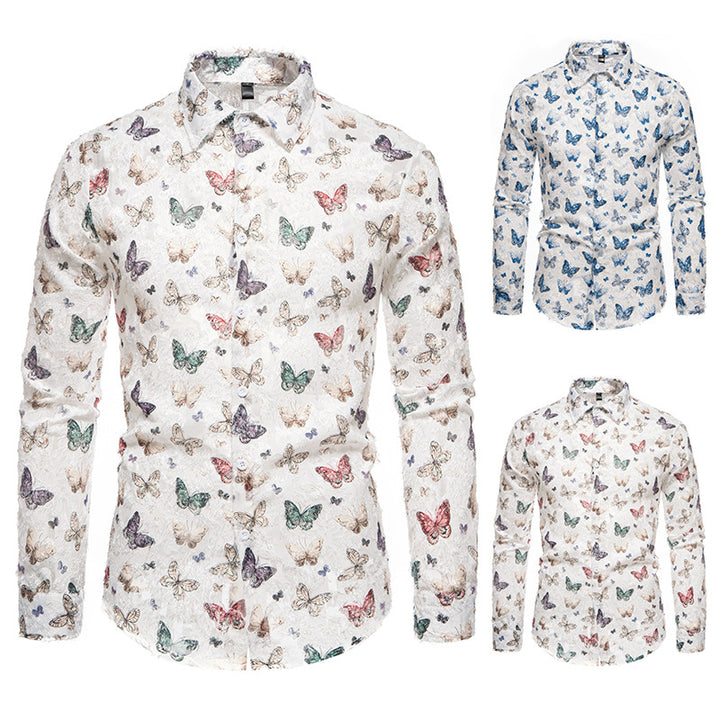 Men's Long Sleeve Shirt with Colorful Butterfly Pattern Lisslune