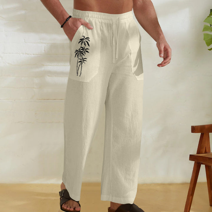 Men's Comfortable Linen Pants with Practical Drawstring and Palm Print Lisslune