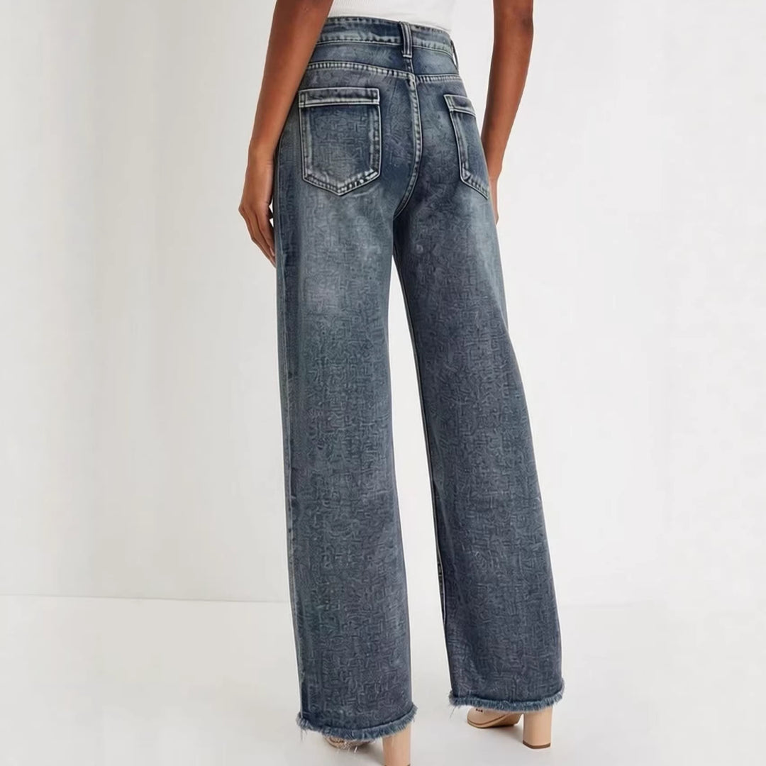 Damen weite Denim-Jeans mit kreativem Muster und fransigem Saum Lisslune