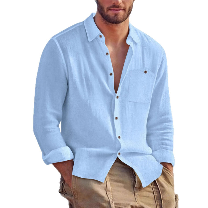 Men's Casual Long Sleeve Shirt with Textured Design and Patch Chest Pocket Lisslune
