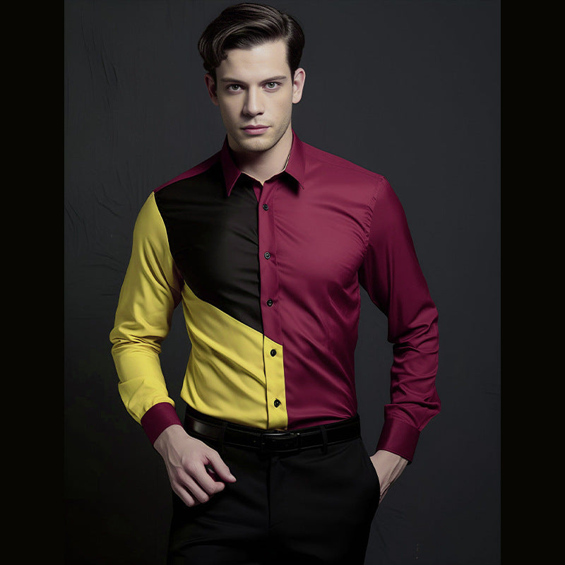 Men's fashionable long-sleeve shirt with geometric color play Lisslune