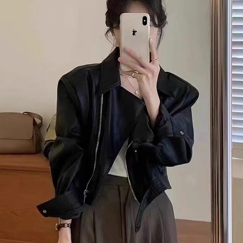 Women's Cropped Leather Jacket in Stylish Biker Design with Asymmetrical Zipper and Soft Materials