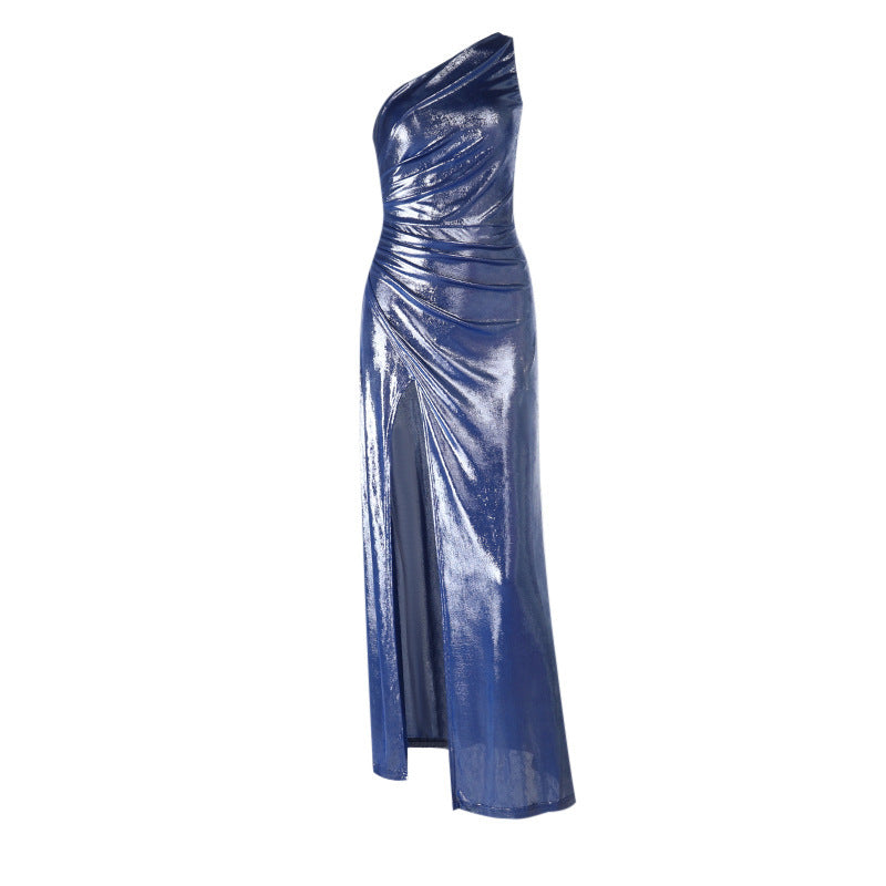 Women's Glamorous Wrap Evening Dress with Asymmetric Design and High Neck Slit Lune London