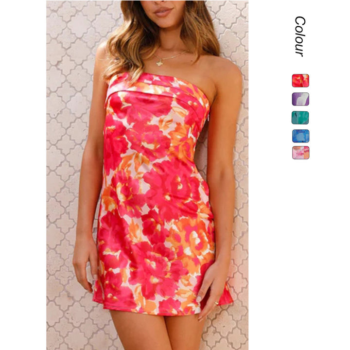 Women’s bandeau dress with floral accents and fitted cut