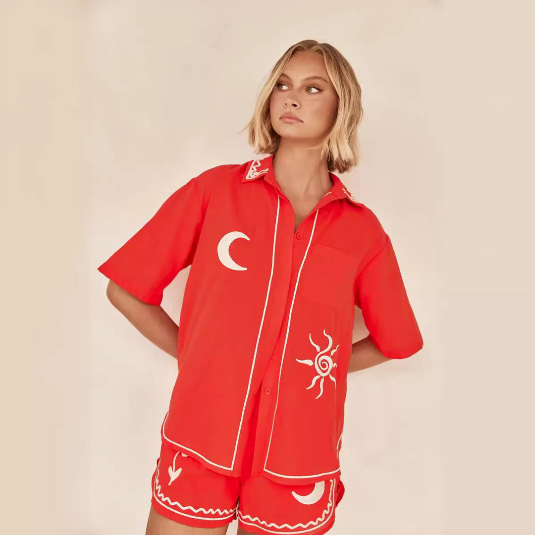 Women's Airy Short Sleeve Shirt and Shorts Set with Floral Embroidery Design Lune London