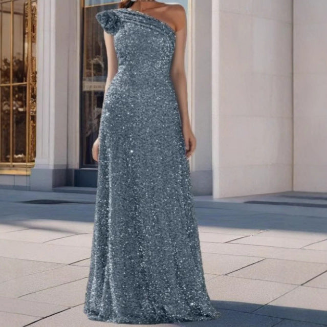 Ladies Glamorous Maxi Dress with Off-Shoulder Design and Sparkling Sequins Lisslune