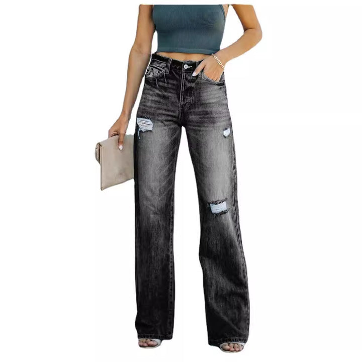 Women's wide-cut jeans with distressed effects and high waist