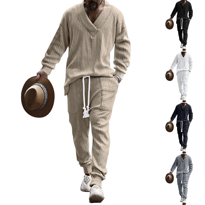 Men's casual knitted outfit with V-neck and elastic waistband Lisslune