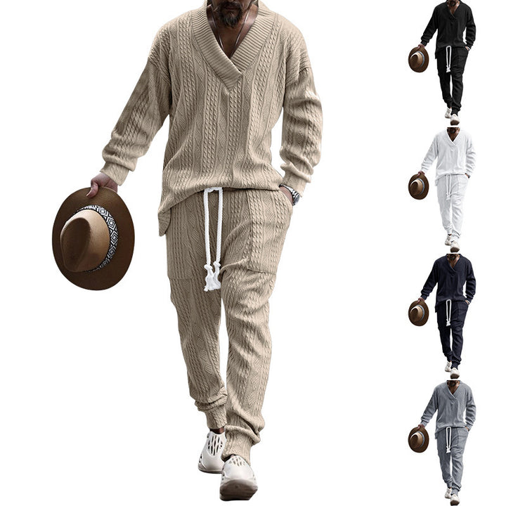 Men's casual knitted outfit with V-neck and elastic waistband Lisslune