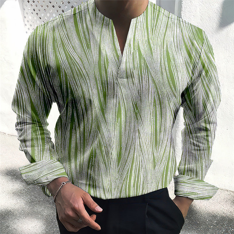 Men's long sleeve shirt with modern V-neck and textured stripe pattern Lisslune