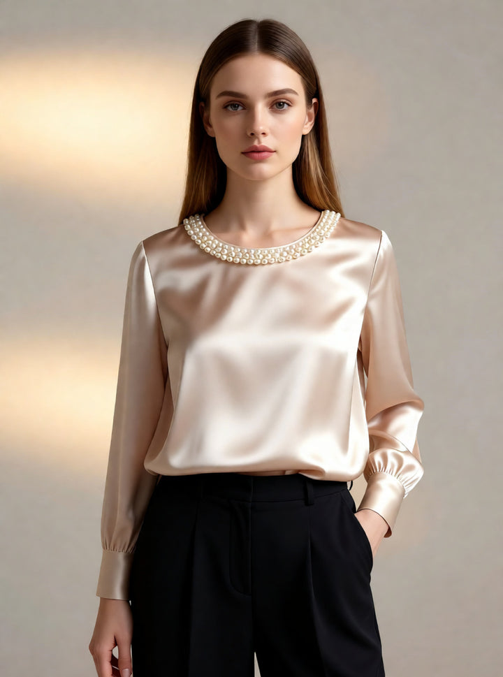 Damen elegante satinierte Bluse mit Perlenkragen Lisslune