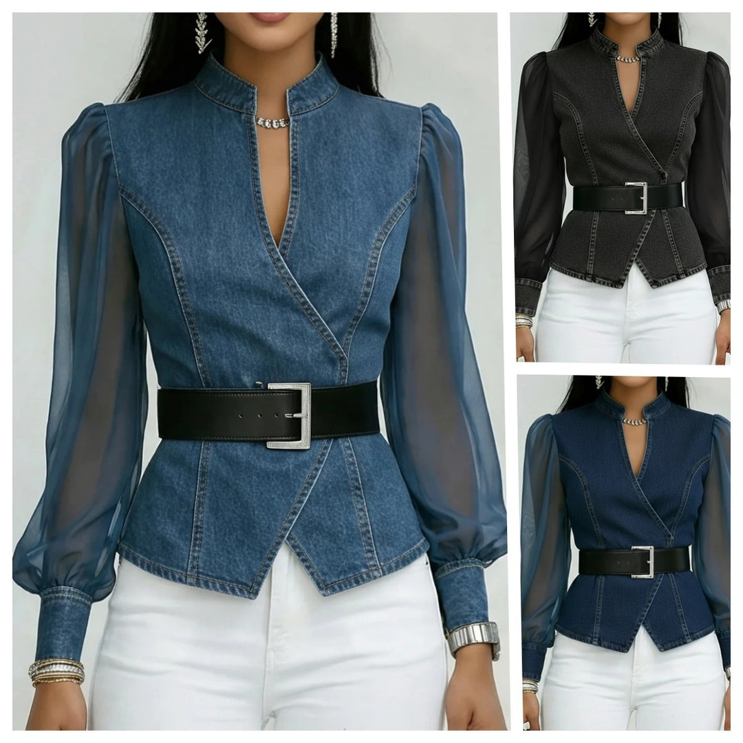 Women’s jeans blouse with transparent sleeves and tailored design Lisslune