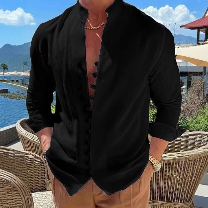 Men's cotton shirt with fashionable stand-up collar and decorative button placket Lisslune