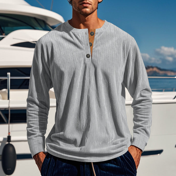 Men's Long Sleeve Shirt with Button Placket and Ribbed Texture Lisslune