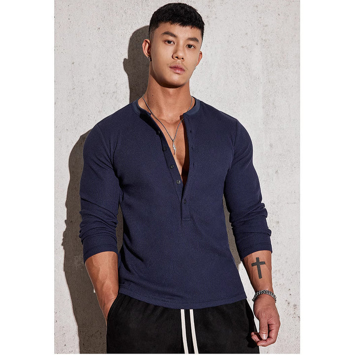 Men's Long Sleeve Henley Shirt with Textured Design Lisslune