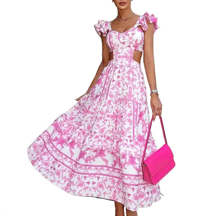 Ladies Elegant Maxi Dress with Cut-out Design and Ruffle Details
