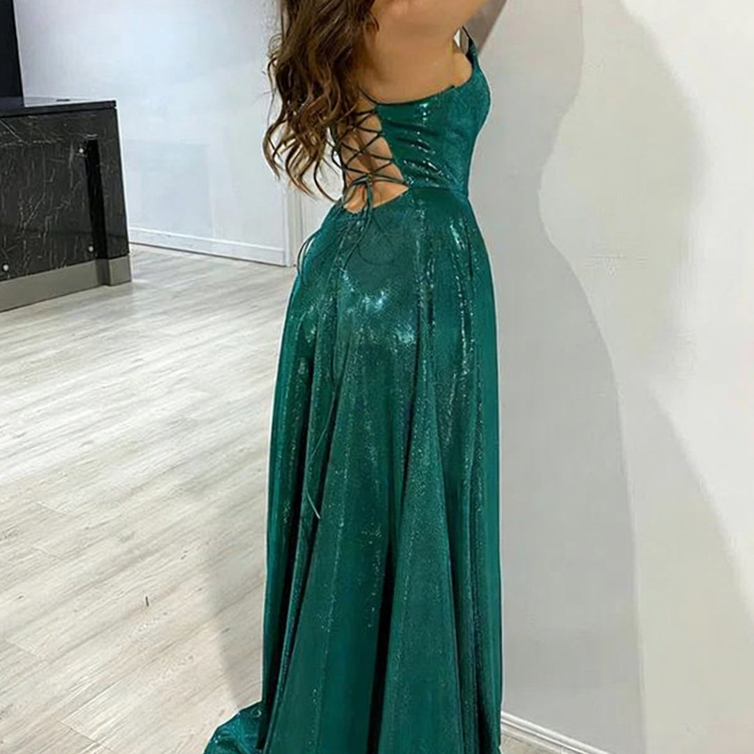 Women's Glamorous Evening Dress with Sparkling Satin and Flared Skirt