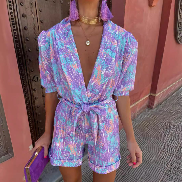 Women Elegant Jumpsuit with Deep V-Neck and Buttonable Belt Lisslune