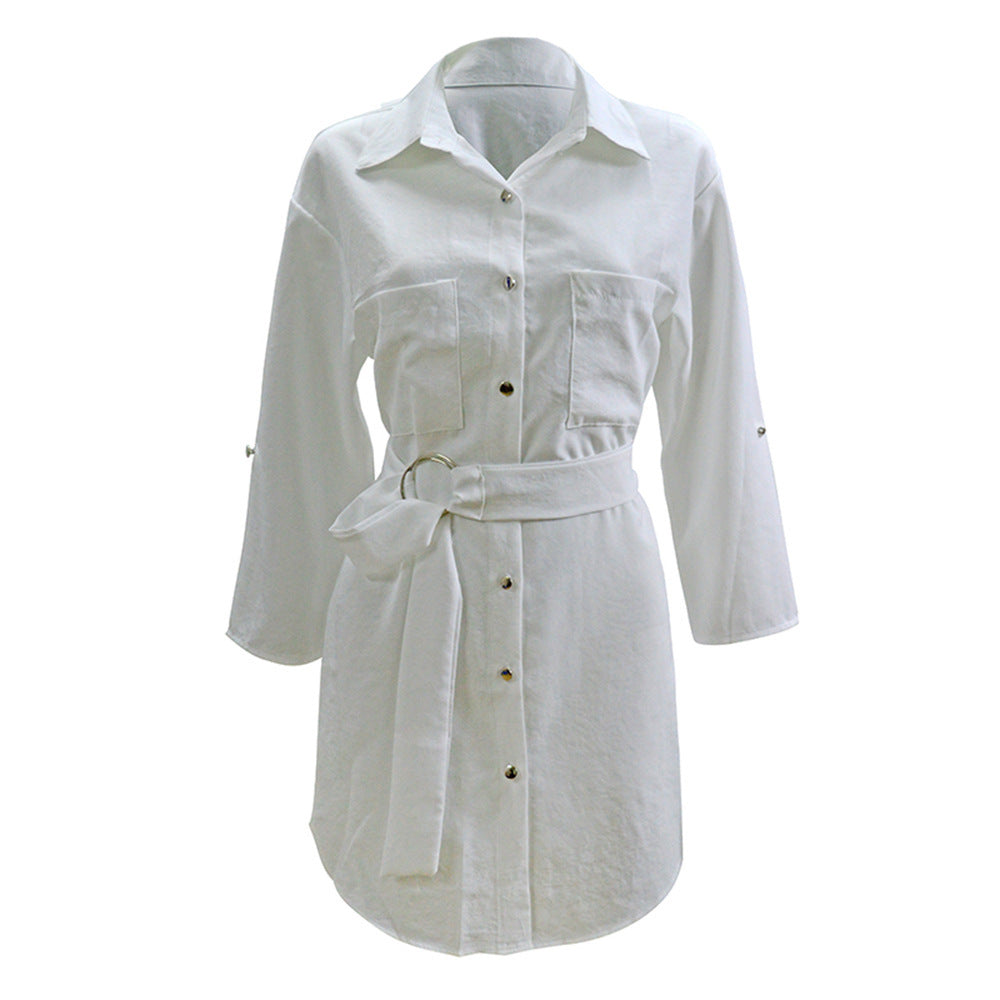 Women's shirt dress with fashionable belt and elegant button placket