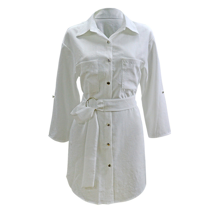 Women's shirt dress with fashionable belt and elegant button placket