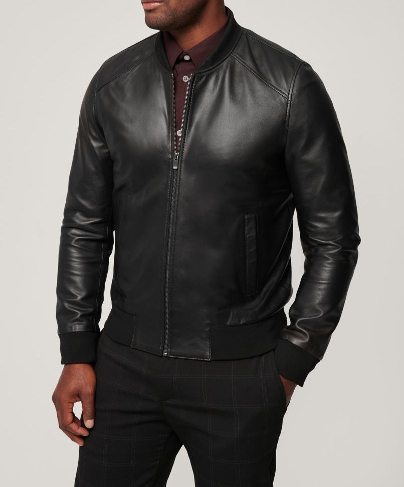 Men's Synthetic Leather Bomber Jacket with Elastic Cuffs Lisslune