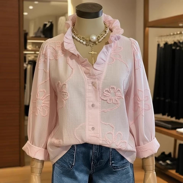 Damen elegante Bluse mit floralen Stickereien und voluminösen Ärmeln Lisslune