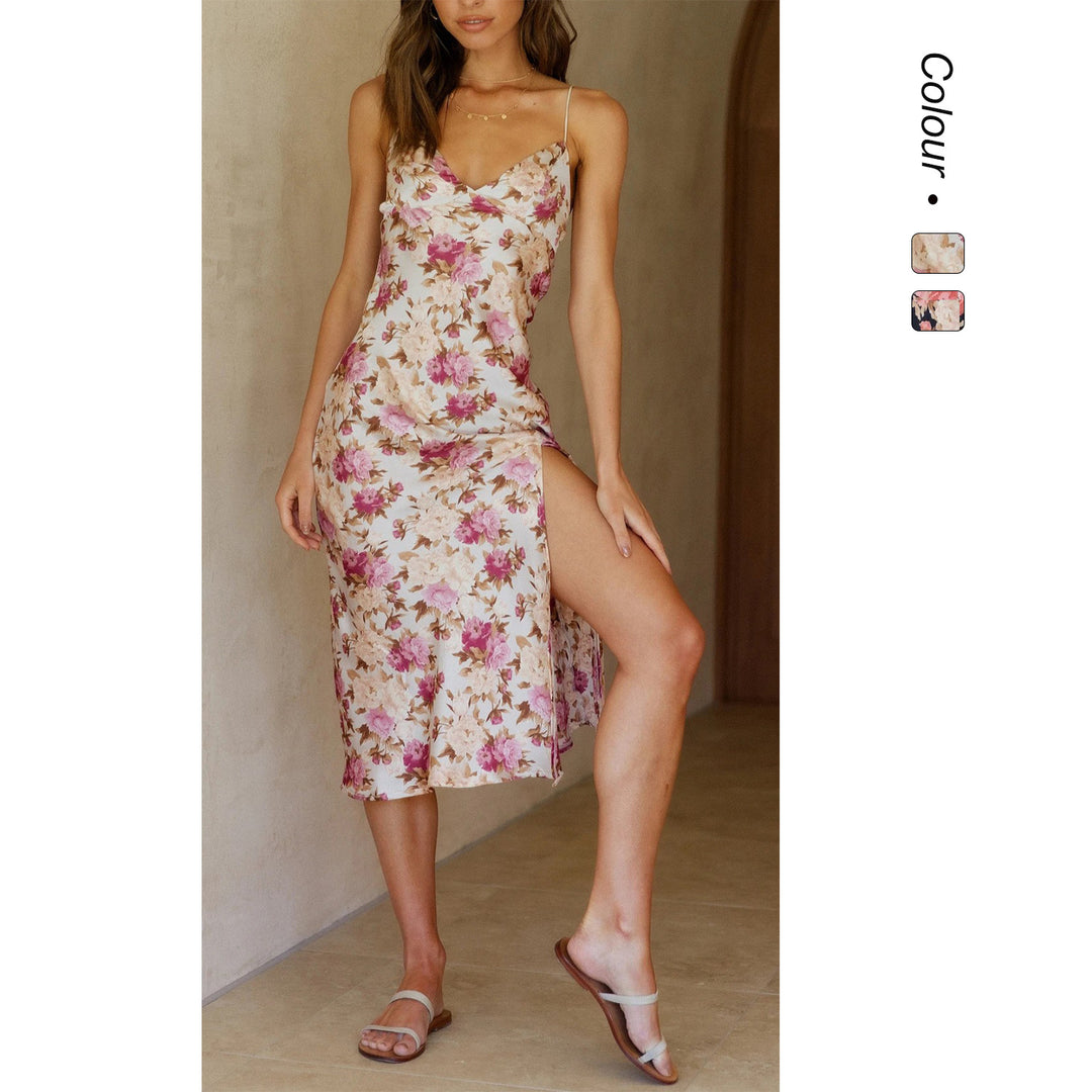 Women's sheath dress with adjustable spaghetti straps and side slit Lune London