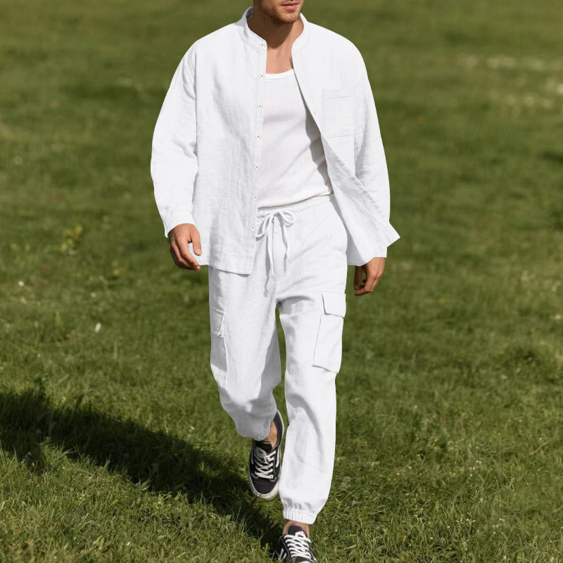 Men's Casual Linen Set with Button-Up Shirt and Cargo Pants Lisslune