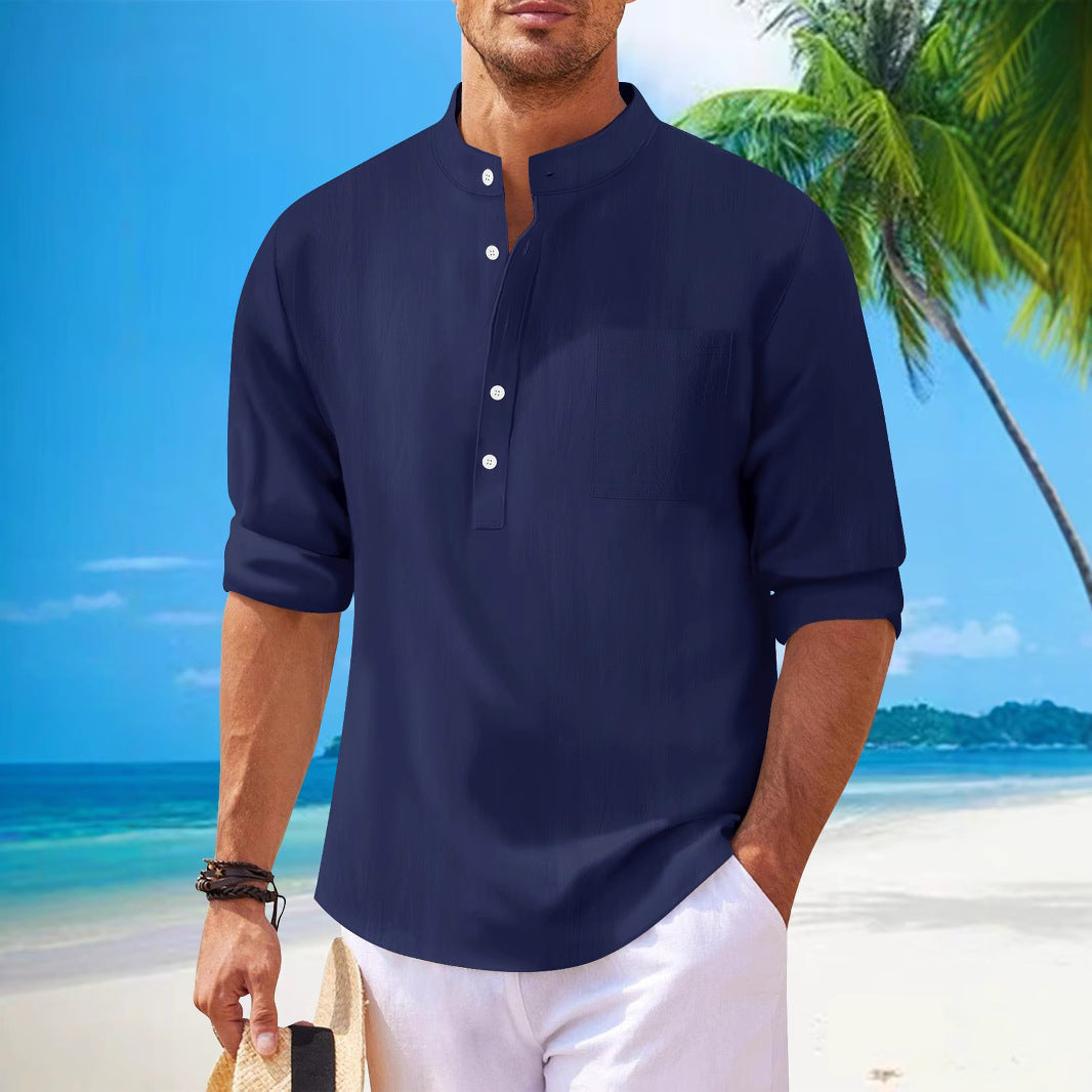 Men's long sleeve shirt with modern stand-up collar and practical chest pocket Lisslune