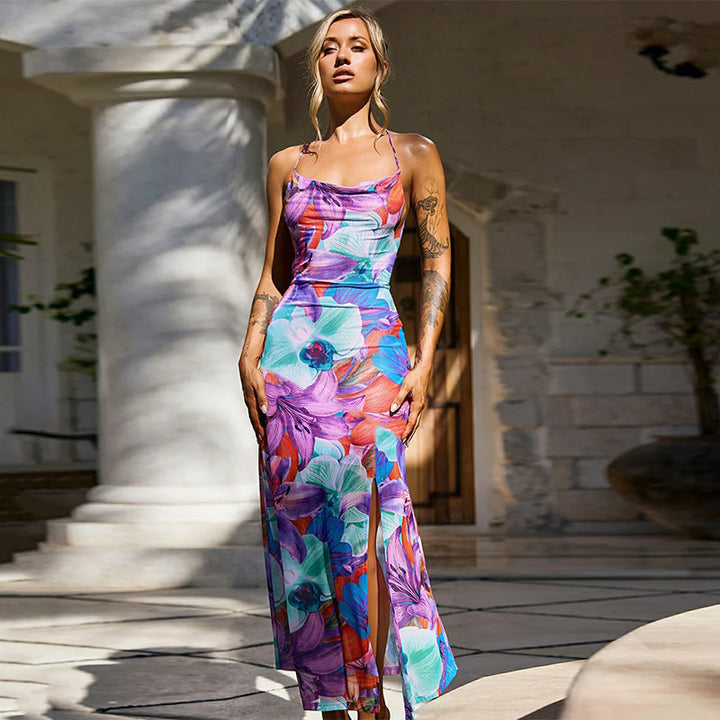 Women's maxi dress with floral print and sexy high slit Lune London