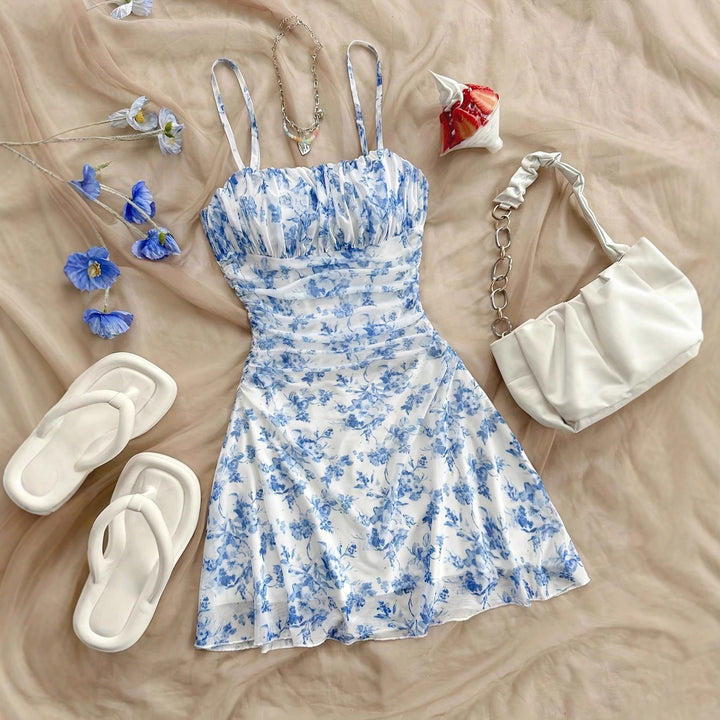 Damen Sommerliches Blumenkleid mit Spaghetti-Trägern und Raffungen Lisslune