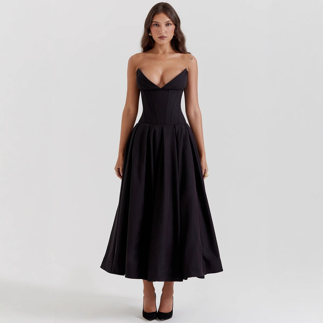 Women's A-line evening dress with corset top and flared skirt