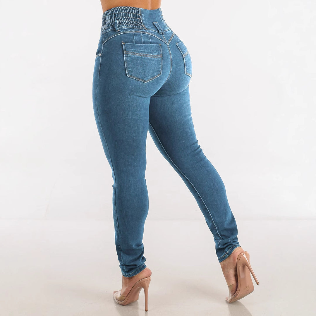 Women High-Waisted Jeans with Elastic Waistband and Button Details Lisslune