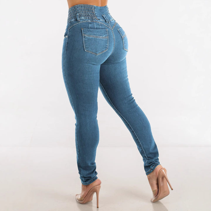Women High-Waisted Jeans with Elastic Waistband and Button Details Lisslune