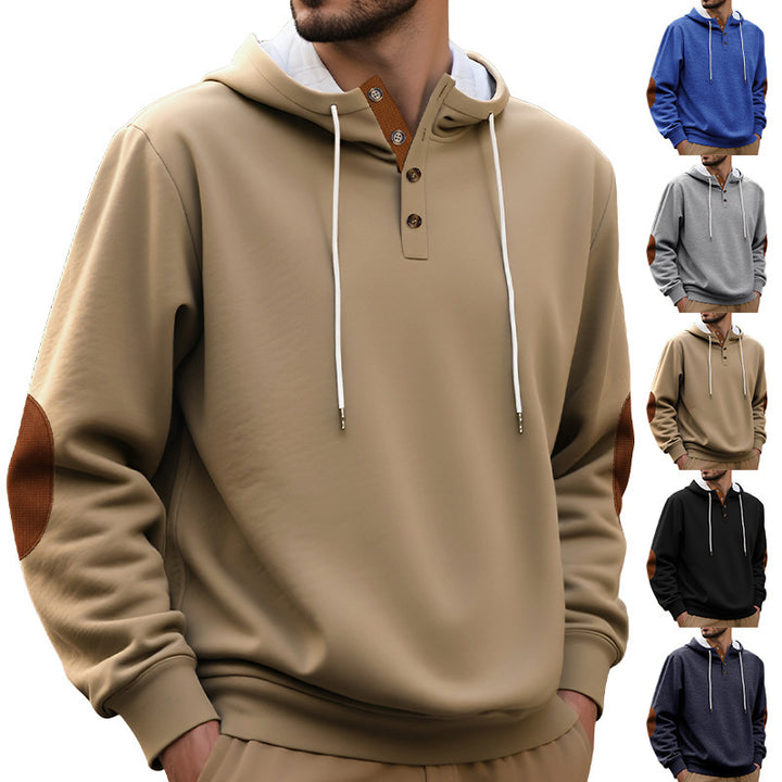 Men's hooded sweatshirt with modern button placket design and reinforced elbow patches Lisslune