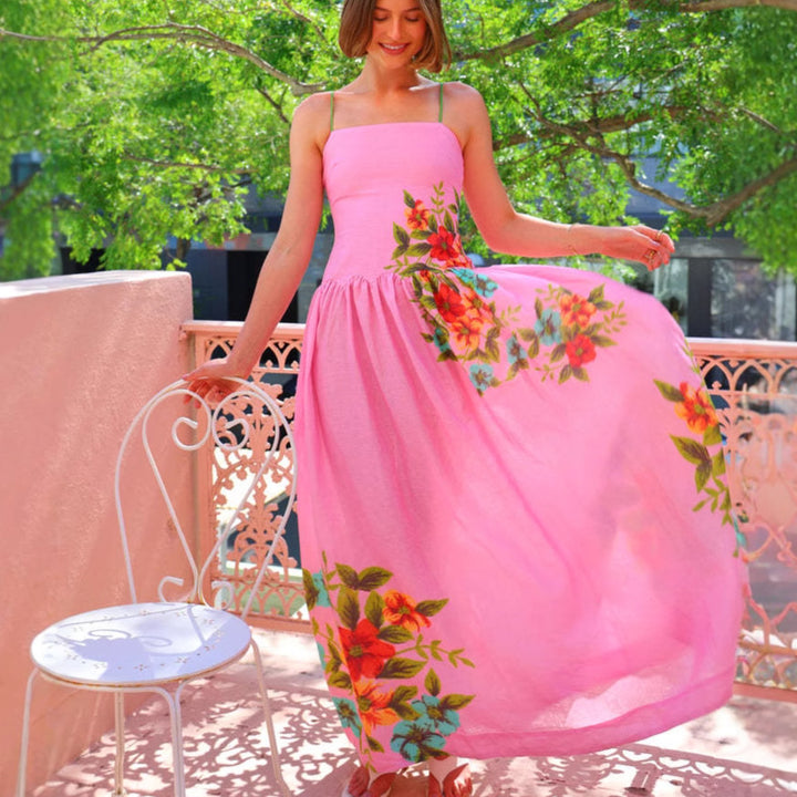 Women's maxi dress with floral draping design and ankle-bared straps