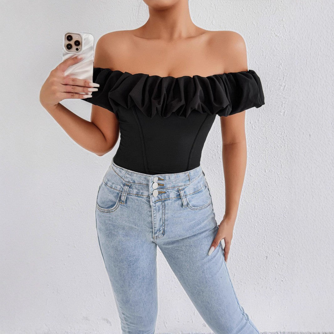 Damen Off-Shoulder Rüschenshirt mit tailliertem Schnitt Lisslune