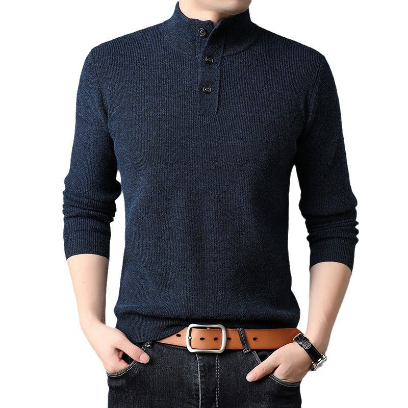 Men's Fine Knit Sweater with High Collar and Button Placket Lisslune