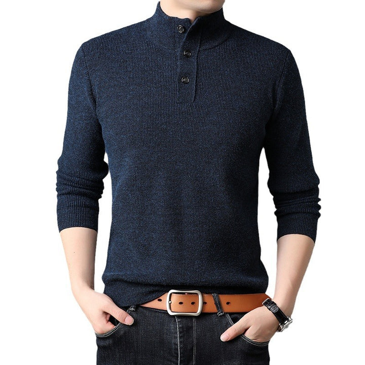 Men's Fine Knit Sweater with High Collar and Button Placket Lisslune